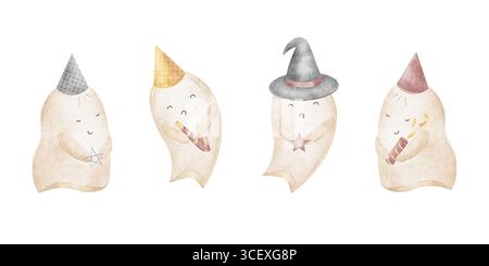 Setze einen Geist in Halloween-Kostüm, Hexenhut, Partymütze-Cracker. Aquarellillustrationen von fliegenden Geistern handgezeichnet in kindlichem Stil isoliert von Stockfoto