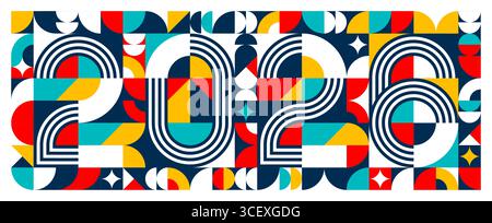 Neujahrsbanner 2026 mit Zahlen, die in ein auffälliges geometrisches Muster aus farbenfrohen abstrakten Formen in Rot, Gelb, Petrol, Marineblau und weiß integriert sind. Vector Moderne, Retro-inspirierte Feiertagsfeier Stock Vektor