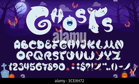 Halloween-Geisterschrift, böse Zeichentrickschrift, gruselige Monster Schriftart Buchstaben und Zahlen. Horror-Feiertag-Vektor-Typografie Set von Halloween-Geistern, Kürbissen und Fledermäusen Schriftbuchstaben Stock Vektor