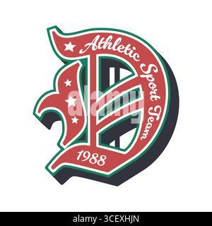 Varsity Sport Patch, Players Team oder College League Label mit Buchstabe D, Vektorabzeichen. Varsity Sport Club Patch mit Sternen und estd Year für College Fußball, Universität Basketball und Baseball Stock Vektor