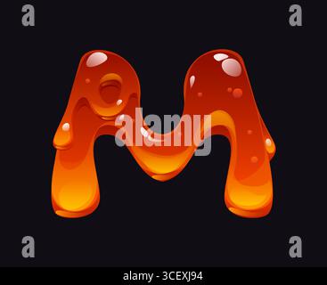 Leckerer Honigcartoon Schriftbuchstabe M. gelbes Karamell englisches Alphabettypzeichen, flüssiges Bonbon-Vektor-Schriftzeichen. Schmackhaftes Bernstein Flow Cartoonelement oder süßer Honig ABC Schriftzug Stock Vektor