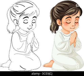 Eine ruhige Vektorillustration eines Kindes, das im Gebet kniet, mit sanften Farben und klaren Linien, die Unschuld und Spiritualität hervorheben Stock Vektor