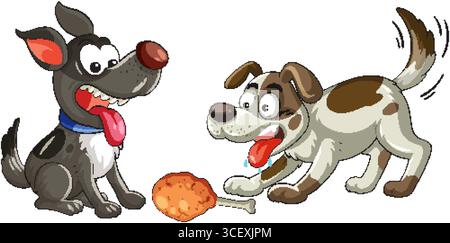 Vektor-Illustration von zwei animierten Hunden mit übertriebenen Ausdrücken, sehend eifrig eine Hühnertrommel auf einem weißen Hintergrund, flache Zeichentrickstil Stock Vektor