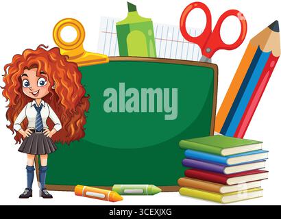 Vektor-Illustration eines fröhlichen Schulmädchens in Uniform neben einer grünen Tafel, umgeben von bunten Büchern, Schreibwaren und großen Kunstbedarf Stock Vektor