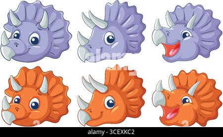 Vektor-Illustration von sechs triceratops-Zeichentrickköpfen in lila und orange, jeder zeigt verschiedene Gesichtsausdrücke und verspielten, freundlichen Stil Stock Vektor