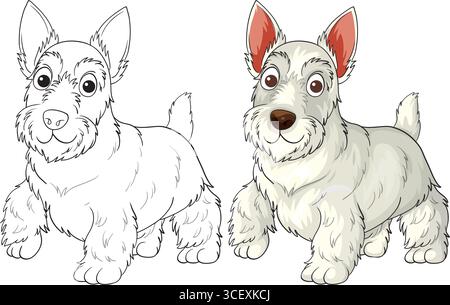 Vektor-Illustration eines schottischen Terrier-Hundes, sowohl in schwarz-weißer Linienart als auch in vollfarbigem Zeichentrickstil, mit klaren Umrissen Stock Vektor