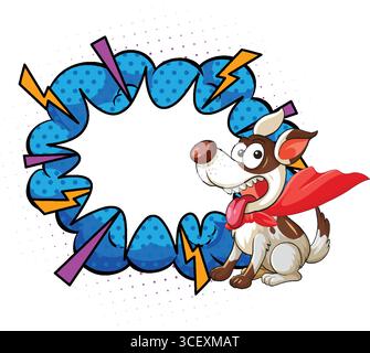 Der energiegeladene Cartoonhund im roten cape sitzt neben einer blauen Sprechblase im Comic-Stil mit leuchtenden Akzenten, lebhaften Farben, auffälligen Linien und verspielten Kompositionen Stock Vektor