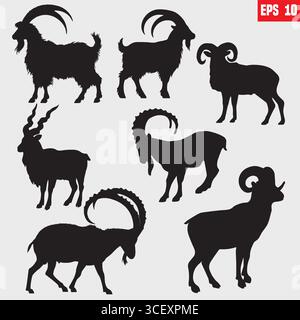Schwarze wilde Bergziege Silhouette isoliert auf weißem Hintergrund. Ziegensymbol Vektor-Illustrationsdesign in unterschiedlicher Position Stock Vektor