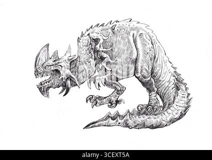 Ein Monster-Drache. Mutierter Dinosaurier. Handgefertigte Zeichnung. Fantasy-Kunst. Stockfoto