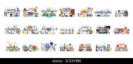 Schulfächer und pädagogisches Unterrichtsset. Das moderne Schulbildungssystem. Illustration des Bildungsvektors. Stock Vektor