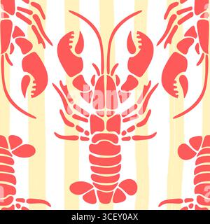 Nahtloses Hummermuster auf gelben und weißen Streifen. Muster mit Meeresfrüchten im Sommer. Küste Mittelmeer Küste Hintergrund. Handgezeichneter Vektor, inspiriert von italienischer Sommerästhetik. Stock Vektor