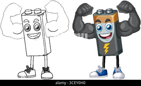 Eine verspielte Vektor-Illustration eines muskulösen Akkucharakters, der Kraft und Energie mit leuchtenden Farben und auffälligen Linien zeigt Stock Vektor