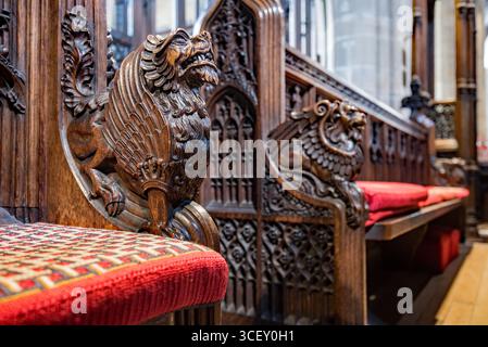 Detail von Ralph Hedleys Schnitzerei im Chor der St. Nicolas Church Cathedral in Newcastle-upon-Tyne. (Hedley 1848-1913) Stockfoto