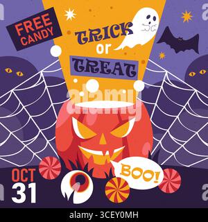 Vektor Halloween Party Banner. Horror-Urlaubsposter. Gruselige Einladungs- oder Grußkarte für saisonale Festtage. Herbst-Flyer mit Geist und Kürbis, Trick or Treat oder Süßigkeiten, Süßwaren. Stock Vektor