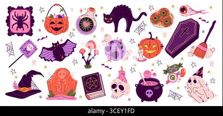 Set von Vektor Halloween Aufkleber für Herbstferien. Horror- oder furchteinflößendes isoliertes Symbol für gruselige und gruselige Oktoberfestlichkeiten. Kürbis und Geist, Kessel und Mond, Vampirsarg, Trank. Trick or Treat. Stock Vektor