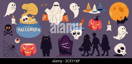 Set mit Halloween-Aufklebern oder Vektor-Symbol für Herbstferien. Zeichen oder Zeichentricksymbol für gruselige und gruselige Festlichkeiten. Kürbis und Kürbis, Geist und Zauberhut, Schädel und Kessel, Grabgrab. Horror festlich. Stock Vektor