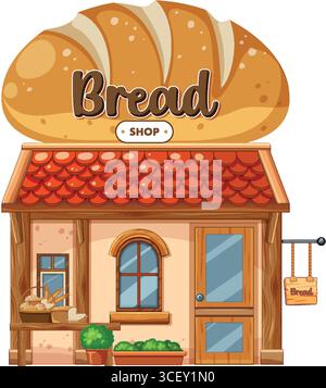 Vektor-Illustration einer gemütlichen Bäckerei Ladenfront mit einem großen Brotschild, rotem gekacheltem Dach, Holzdetails und frischem Brot Display Stock Vektor