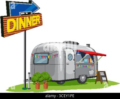 Vektor-Illustration eines Vintage Food Trucks mit bunten Fahnen und einem prominenten Dinner-Schild. Leuchtende Farben und klare Linien Stock Vektor