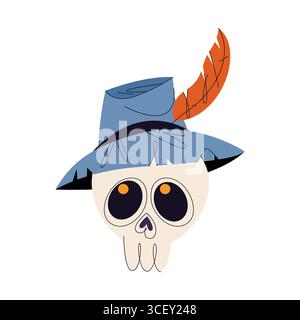 Vektor Schädel tragen Hütte. Toter Skelettkopf mit Kopfbedeckung. Pirat oder Tod, gotisches Symbol. Gruseliges oder gotisches Element für Halloween-Party. Grim Reaper oder roger Bone Icon. Gruseliger Schädel mit Feder. Stock Vektor