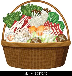 Vektor-Illustration eines gewebten Korbs gefüllt mit verschiedenen Gemüse, Pilzen und Blattgemüse. Leuchtende Farben, klare Linien und detaillierte Texturen Stock Vektor