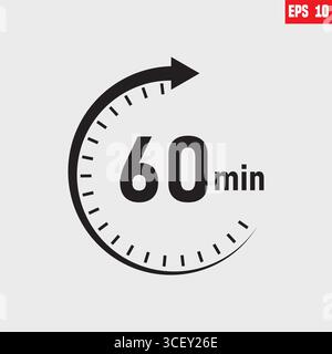 Symbol für 60 Minuten mit Symbolen für Timer, Uhr und Stoppuhr. Küchen-Timer-Symbol mit verschiedenen Minuten. Stock Vektor