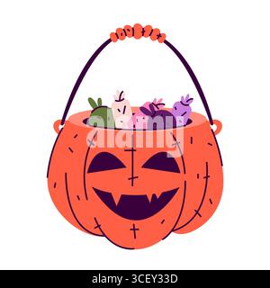 Vektorkürbis mit Süßigkeiten. Halloween-Gemüse mit Süßwaren. Dekoration für Horror-Festivals oder gruselige Herbstfestlichkeit. Laterne mit Lächeln oder Grinsen. Kürbis mit Süßigkeiten. Stock Vektor
