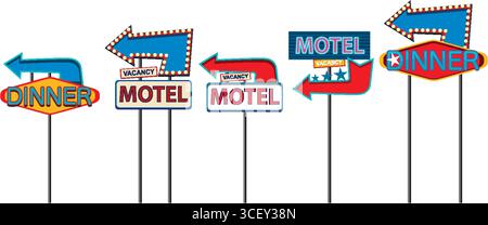 Farbenfrohe Vektorillustration von Vintage Motel- und Diner-Schildern am Straßenrand mit Pfeilen, auffälliger Typografie und Zelt-Lichtern im Stil der Mitte des Jahrhunderts Stock Vektor