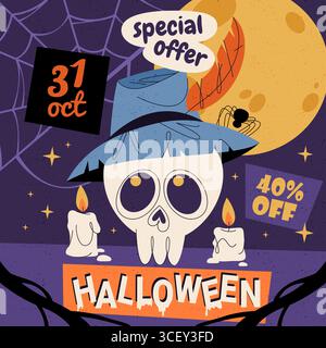 Banner für besondere Urlaubsangebote. Vektor Halloween-Verkaufsschild. Faltblatt mit Schädel zum Herbsteinkauf. Gruseliger Flyer für Herbst- oder Oktoberfesttage. Rabattgutschein für Shop oder Geschäft, Supermarkt oder Einkaufszentrum. Stock Vektor