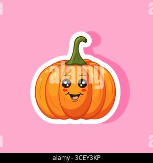 Niedlicher Aufkleber Cartoon Kürbis mit lächelndem Gesicht für Halloween Kawaii Stil Vektor Illustration Stock Vektor
