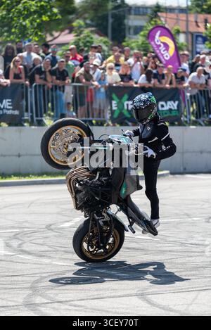 Stuntfahrer mit Wheelie auf seinem Motorrad auf dem Moto fest in Banja Luka Stockfoto