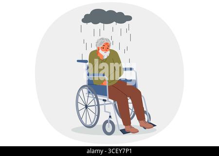 Ein älterer Mann im Rollstuhl leidet unter Einsamkeit und hat keinen Zugang zu Spaziergängen, sitzt unter Regenwolke Stock Vektor