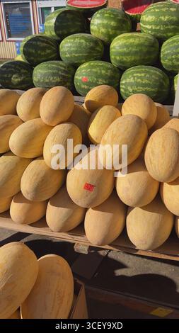 Frische Melonen und Wassermelonen ruhen auf Holzpaletten in einem Bauernmarkt Stockfoto