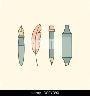 Weich gefärbte Kunstwerkzeuge, die horizontal platziert werden, einschließlich eines Tauchstifthalters, einer Federfeder, einem Meißelmarker und einem Pinselstift mit Kappe. Stock Vektor