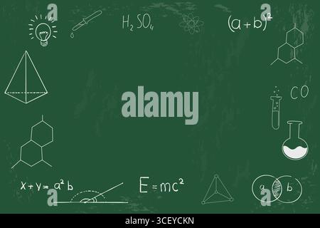 Zurück zur Schule Hintergrund Wissenschaft kritzeln Elemente in der Schulvorstand. Sketch Buntstift texturiert Set. Mathematik, Chemie, Physik, Ausbildung. Vektorabbildung Stock Vektor
