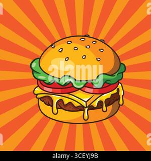 Köstliche Cheeseburger Illustration auf einem Sunburst Orange Hintergrund Vintage Poster Stock Vektor