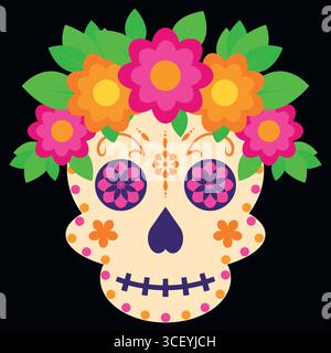 Dia de Muertos Sugar Schädel mit Blumen mexikanischer Tag der Toten Illustration Stock Vektor