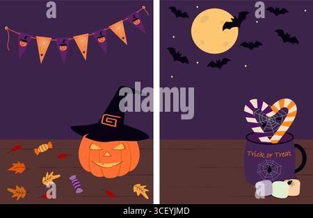 Poster mit Halloween-Party oder Rabattposter mit Halloween-Kürbis-Hexenhut-Fledermaus und anderen Hauptsymbolen. Isolierte Vektor-Illustration Halloween Gruß Thematische Karten Anzeigen Flyer, Faltblatt, Preisschild, Post Stock Vektor