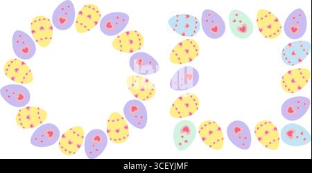 Ostereier mit Herz Kopierraum mit Rundrahmen und quadratischem Rahmen. Vorlagenset Für Ostergrüße. Isolierte Vektor-Illustration Osterfeiertag Gruß thematisierte Karte Party Einladung Banner, Faltblatt, Etikett Stock Vektor