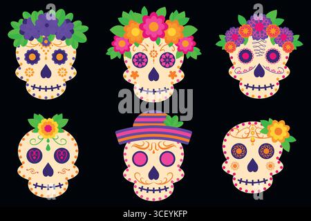 Dia de Muertos Sugar Skulls setzen farbenfrohe Illustrationen zum mexikanischen Tag der Toten mit Blumen und Ornamenten Stock Vektor
