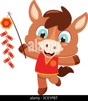 Niedliche chinesische Silvester-Cartoon-Figur, die mit Feuerwerkskörpern läuft und fröhlich lächelt. Vektorabbildung Flache Konstruktion Stock Vektor