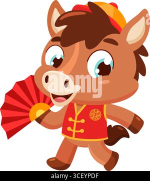 Niedlicher Chinesischer Neujahrs-Cartoon-Charakter Mit Traditionellem Chinesischem Fan. Vektorabbildung Flache Konstruktion Isoliert Auf Transparentem Hintergrund Stock Vektor