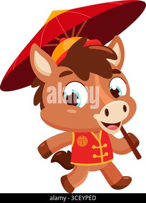 Niedlicher Chinesischer Silvester-Cartoon-Charakter Mit Traditionellem Regenschirm. Vektorabbildung Flache Konstruktion Isoliert Auf Transparentem Hintergrund Stock Vektor