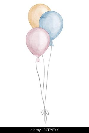 Mit Aquarellballons in rosa, blauen und gelben Pastellfarben können Sie Geburtstagsgrußkarten oder Babyduscheinladungen nutzen. Kunst für das Festdesign. Heliumelemente für Kinderdekorationen. Stockfoto