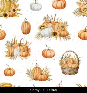Aquarellmuster mit Kürbissen, Sonnenblumen, Herbstblättern. Illustration der Herbstkulisse für saisonale Verpackungen, Oberflächengestaltung und Thanksgiving-Schreibwaren. Ornament für Erntefest. Stockfoto