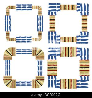 Abstrakte Handformen. Bunt gestreifte Ecken. Quadratische Tribal-Rahmen. Stock Vektor