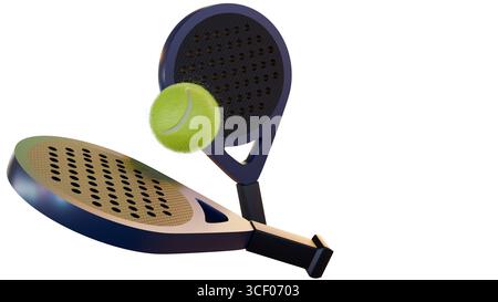 Ein 3D-Rendering von zwei metallischen blauen Rahmenschlägern und einem Ball, einer verschwommenen, neongelb-grünen Kugel. Die wichtigsten Komponenten des Padel-Spiels. Stockfoto