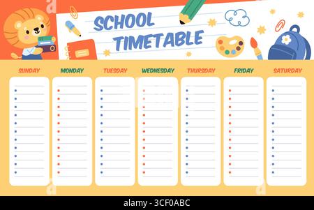 Niedliche Tiere Schulplan. Lustiger kleiner niedlicher Löwenschüler mit Büchern, Lektion Wochenzeitplaner Vorlage, Zeitplan für Kinder Design, leeres Textfeld Stock Vektor