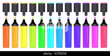 Buntes Markierungsstiftset, Büro- und Schulausstattung. Filzstift realistische Vektorillustration isoliert auf weißem Hintergrund Stock Vektor