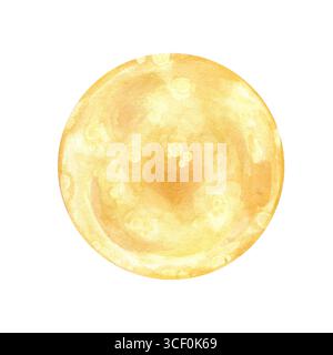 Gelbes goldenes handgemaltes Aquarell runde Textur wie Vollmond, Sonne, Planet oder Bouillon auf isoliertem Hintergrund. Abstrakte Kulisse, dekoratives Element Stockfoto