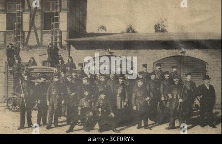 Dieses Gruppenfoto aus den Jahren 1882 bis 1898 zeigt Mitglieder der Freiwilligen Feuerwehr Swinemünde, einer wichtigen gemeinnützigen Organisation in Swinemünde, heute Teil Polens. Stockfoto